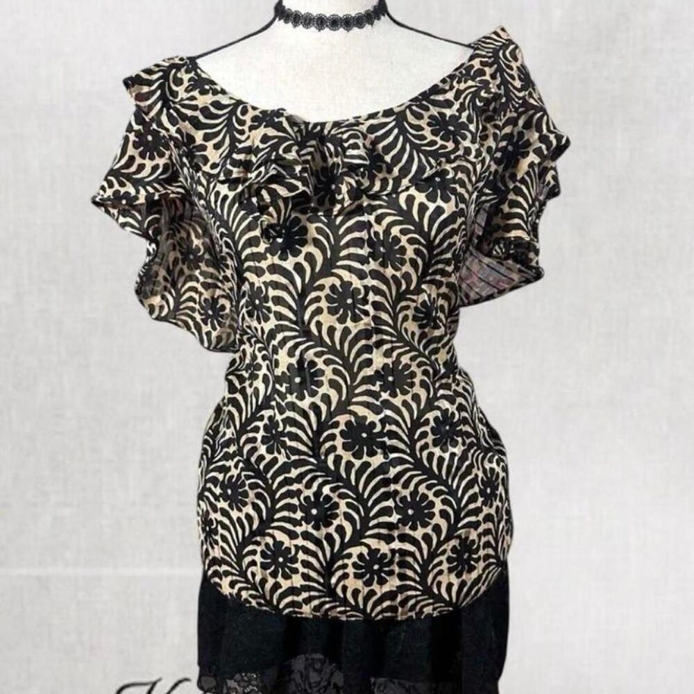 Goth Feminine Ruffled Abstract Patterned Blouse